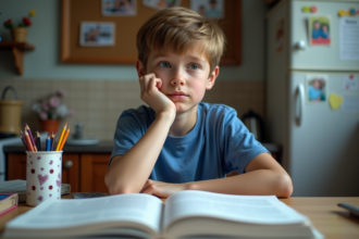 Garçon de 10 ans pensif à la maison avec livres