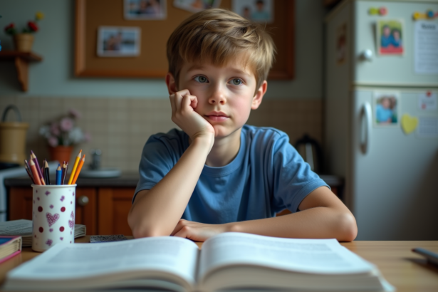 Garçon de 10 ans pensif à la maison avec livres