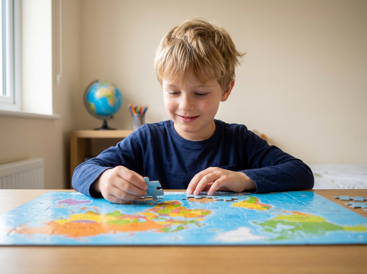 Garçon assemblant un puzzle carte du monde en bois sur un bureau, jouet éducatif pour apprendre la géographie