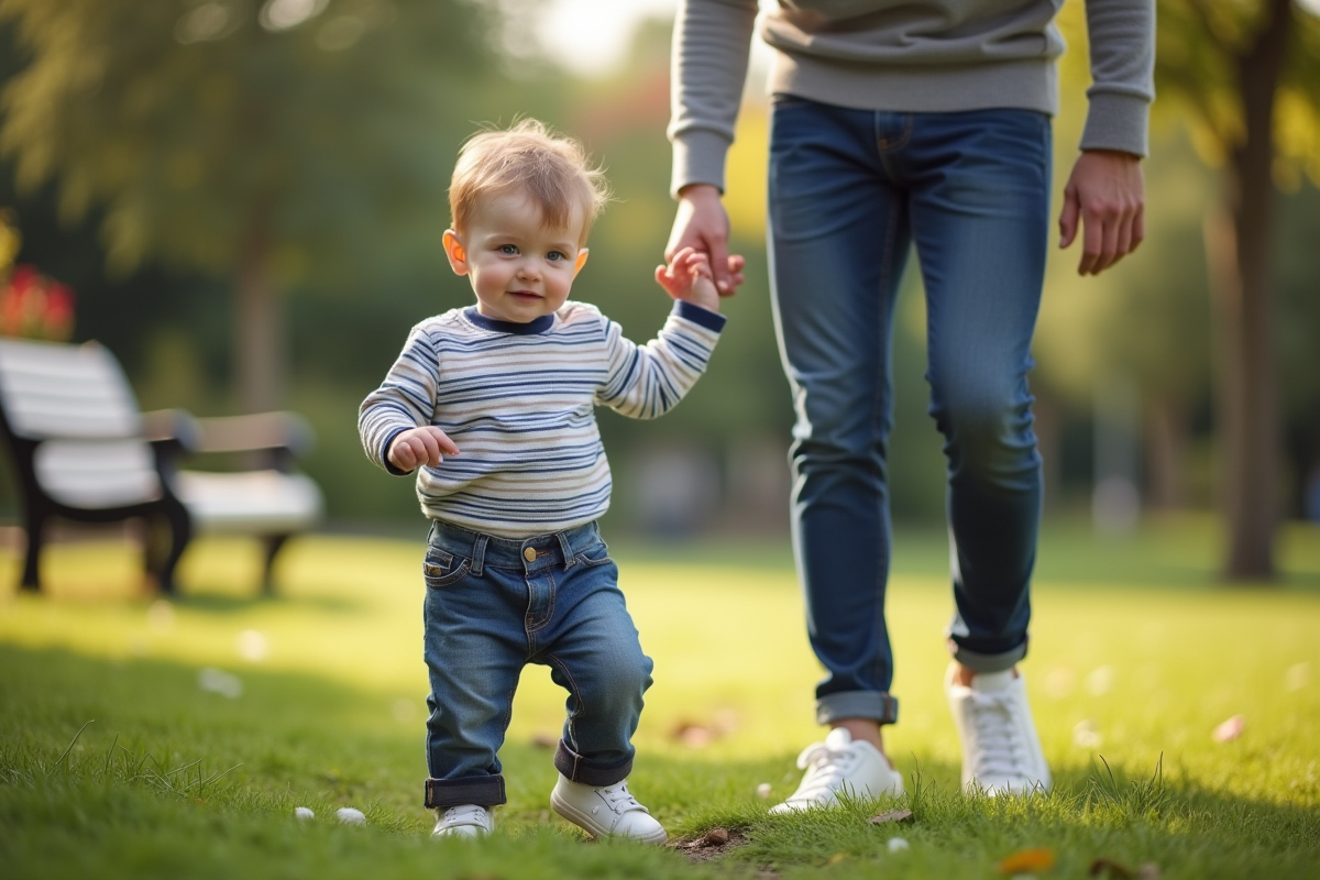 Petit garcon de 13 mois marchant dans un parc avec son père derrière