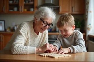 Une grand-mère et son petit-fils assemblent un puzzle à la maison