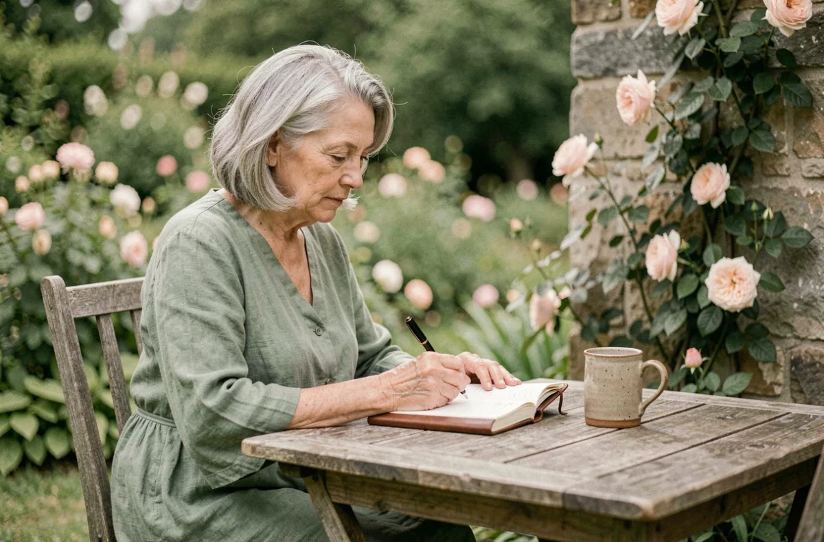 Grand-mère élégante écrivant un poème dans un carnet au jardin pour célébrer la fête des grands-mères