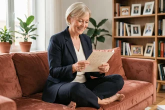 Grand-mère moderne souriante lisant un poème manuscrit pour la fête des grands-mères sur un canapé en velours