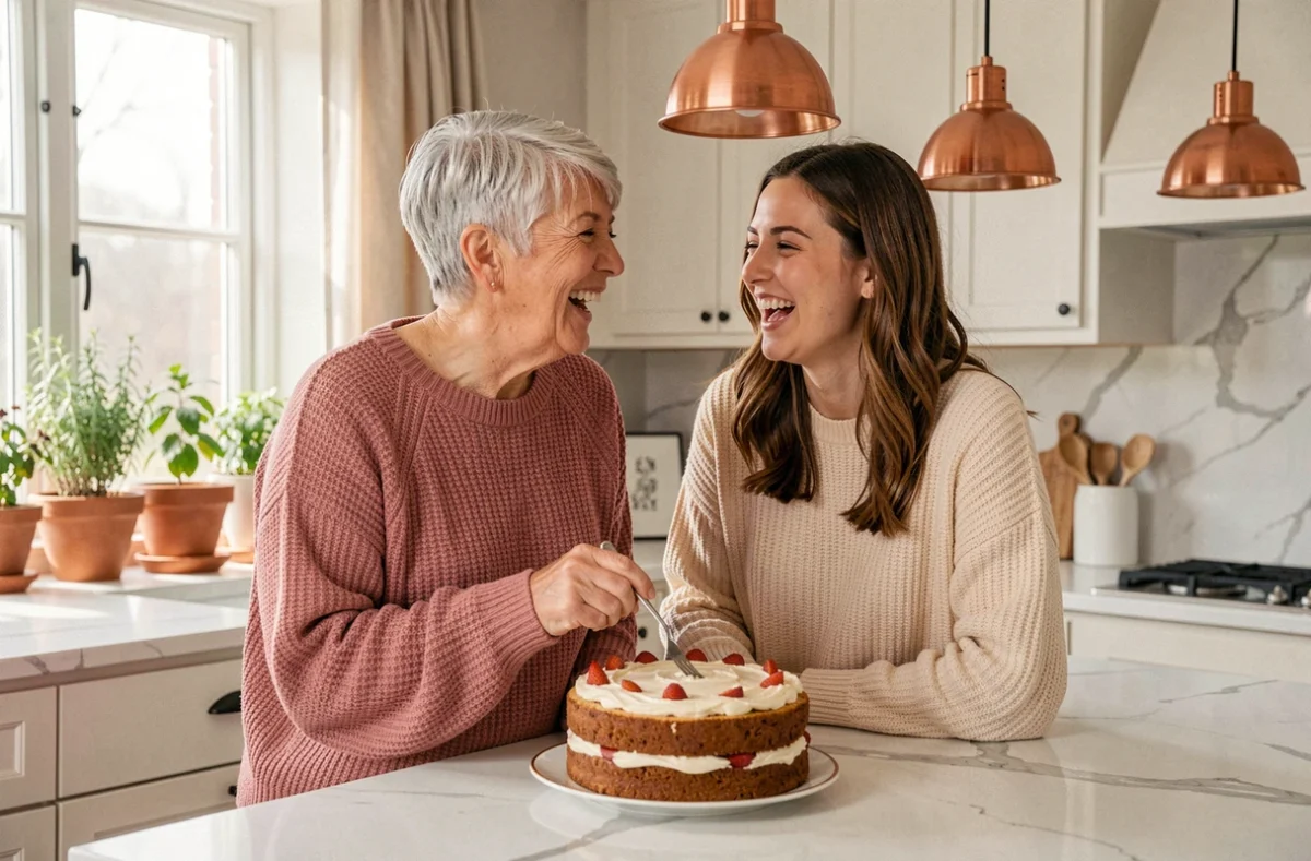 Grand-mère et petite-fille riant ensemble dans une cuisine moderne lors de la fête des grands-mères