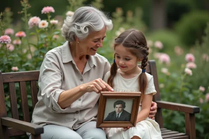 Grand-mère montrant une photo de son fils décédé à sa petite-fille dans un jardin fleuri