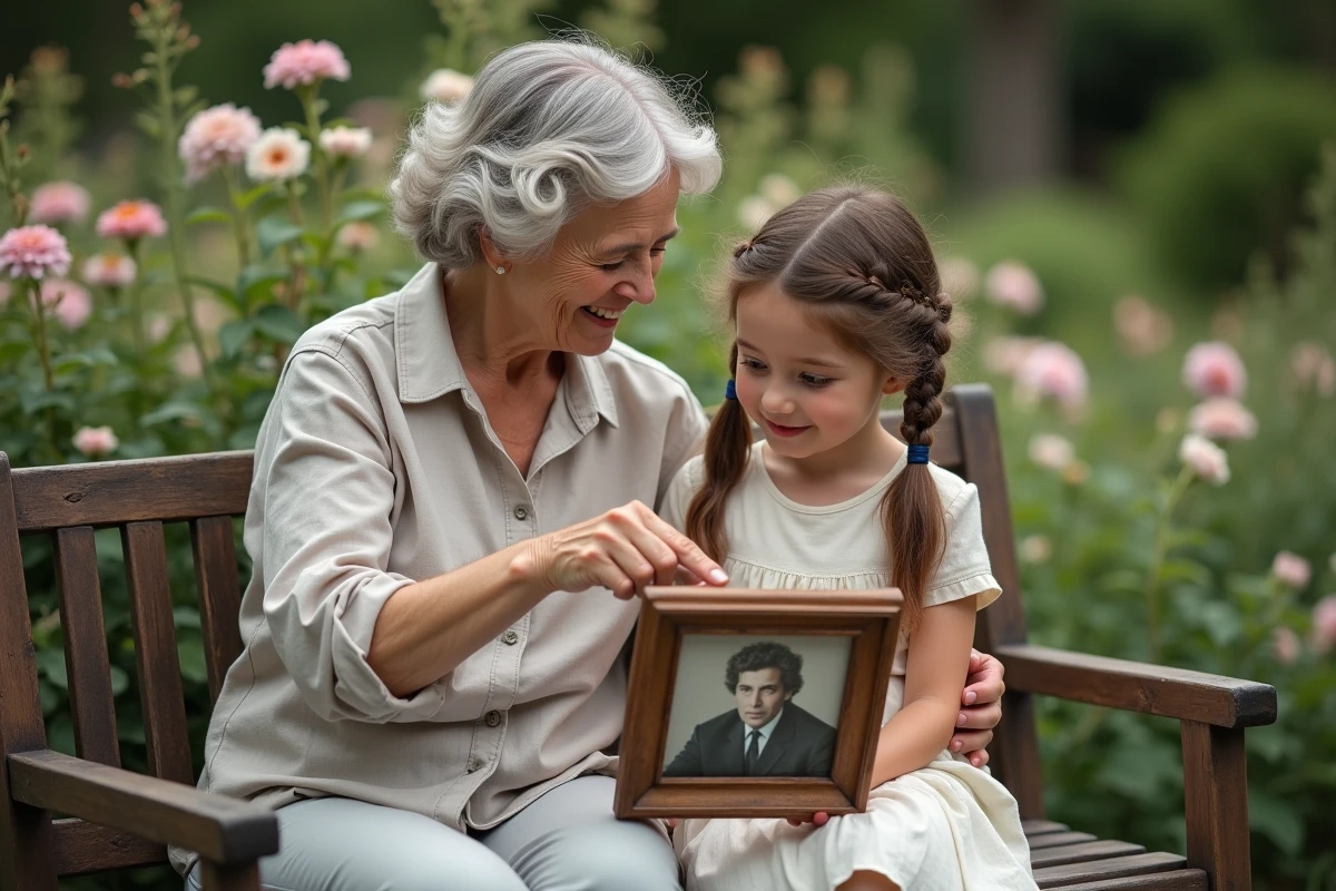 Grand-mère montrant une photo de son fils décédé à sa petite-fille dans un jardin fleuri