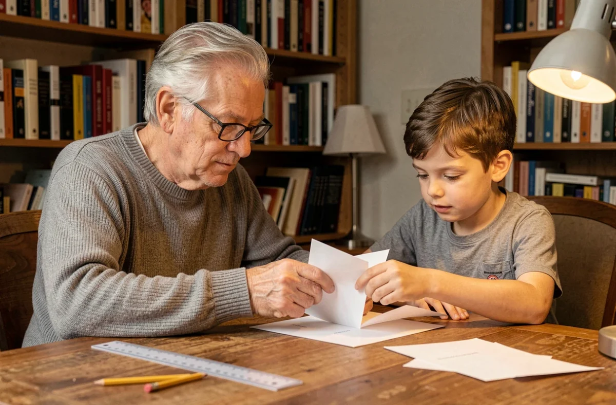 Grand-père aidant un enfant à fabriquer une carte en papier pop-up pour la fête des mères