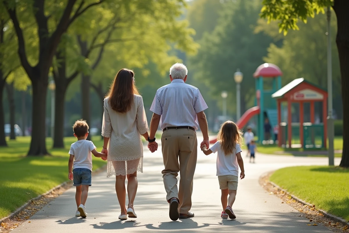 Un grand-père marche avec sa fille et petits-enfants dans un parc