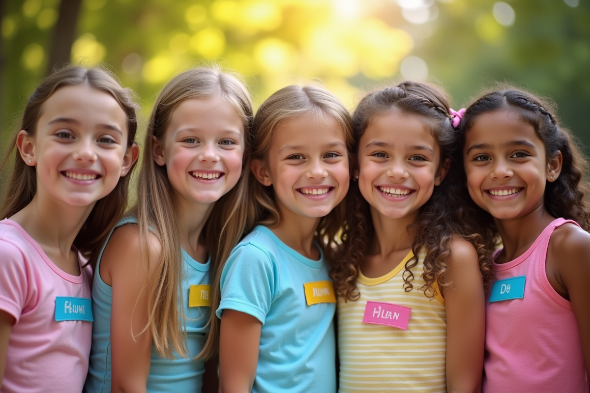 Jeunes filles souriantes avec étiquettes nom K dans un parc ensoleille
