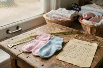 Chaussettes bébé pastel avec mètre ruban vintage et guide des tailles manuscrit sur table en bois, marché aux puces
