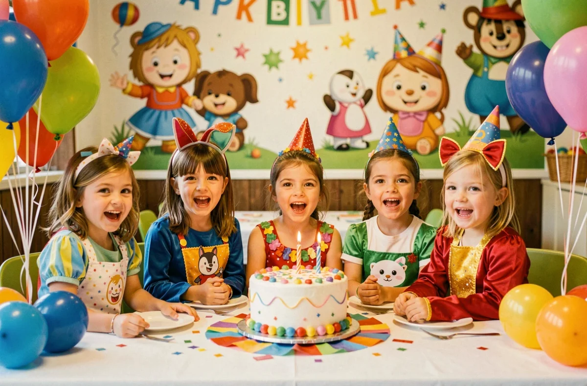 Enfants en fête autour d'un gâteau d'anniversaire à thème au Gulli Parc Toulouse
