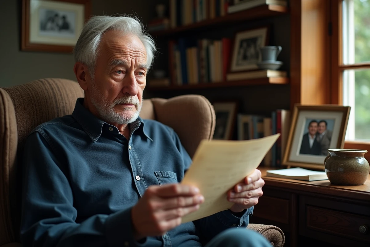 Homme âgé lisant une lettre d'anniversaire touchante et personnalisée dans un bureau chaleureux rempli de livres