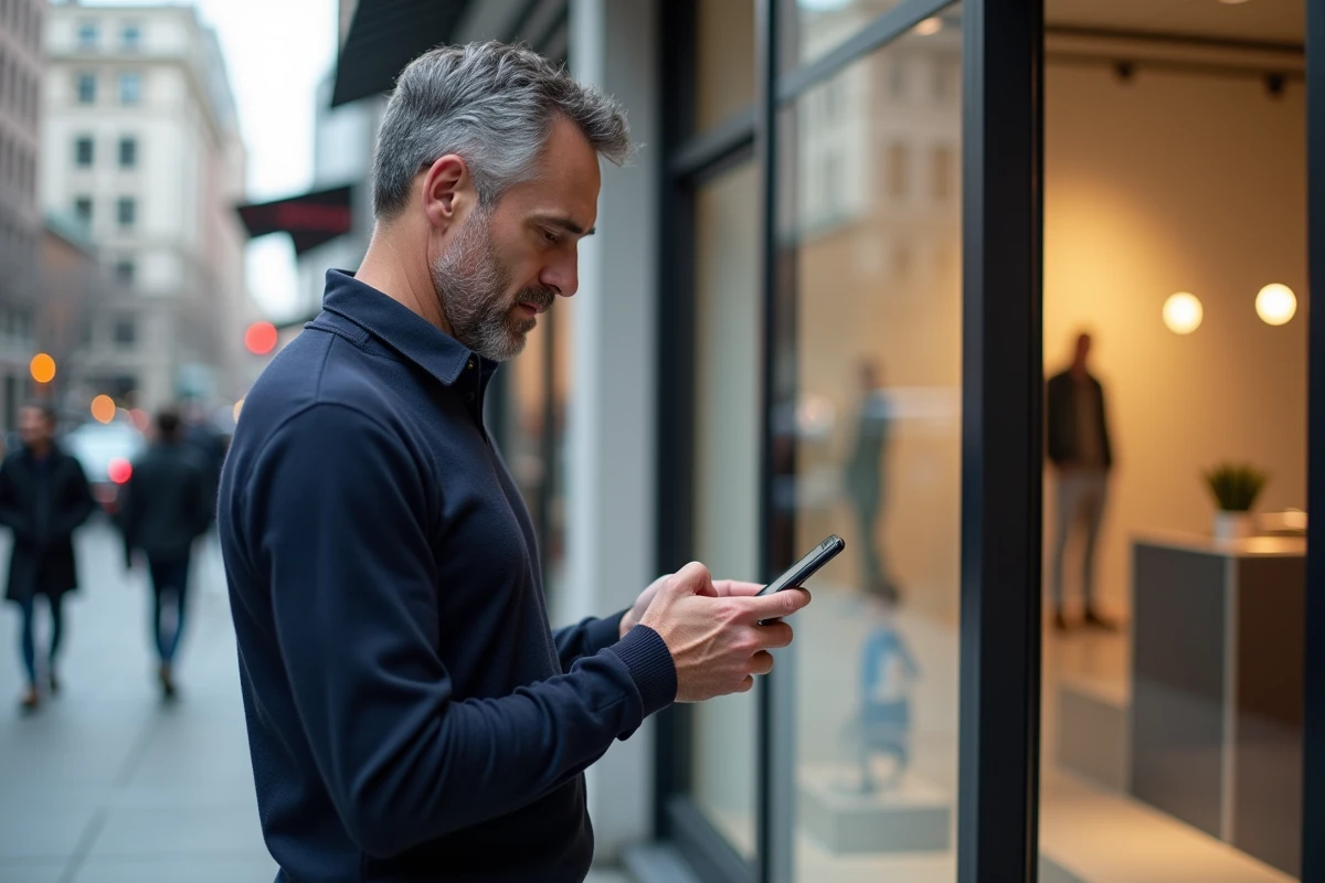 Homme devant une boutique en ligne physique consultant son téléphone pour vérifier la marque Albrad