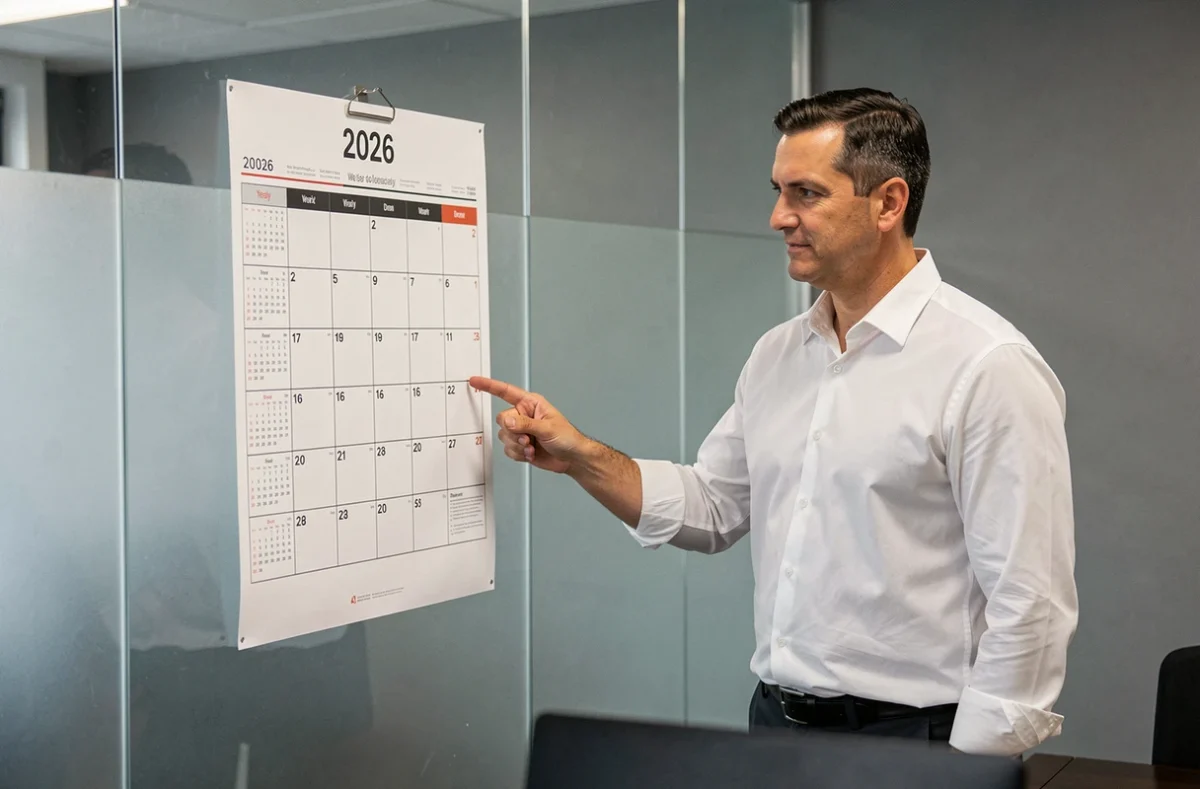 Homme en bureau pointant les semaines paires et impaires sur un grand calendrier 2026 affiché en salle de réunion