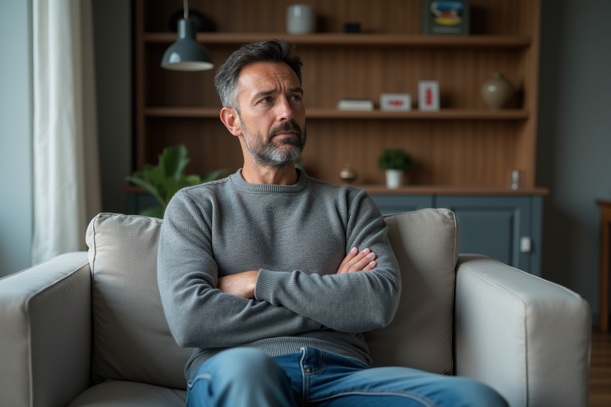 Homme d'âge moyen assis sur un canapé dans un salon moderne