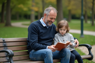 Homme souriant avec enfant dans un parc vert
