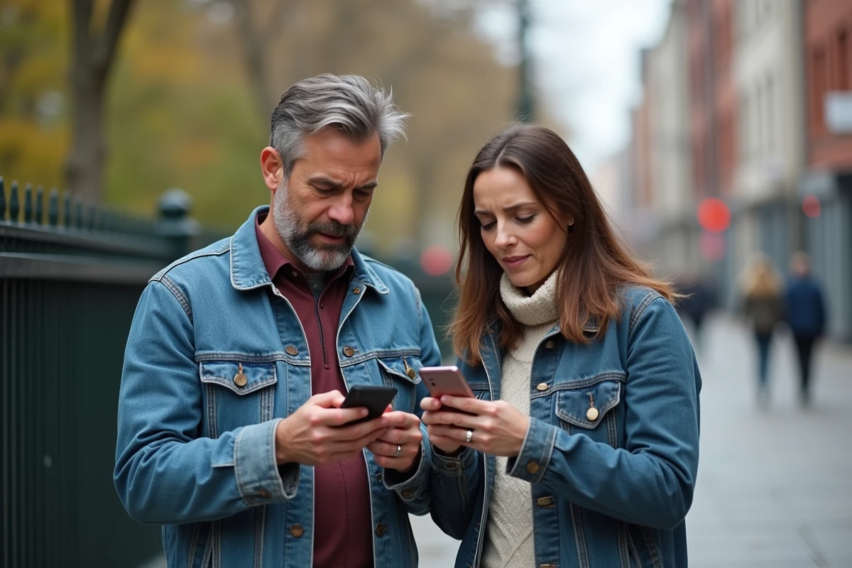 Homme et femme discutant avec leurs téléphones en ville