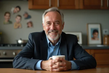 Homme français d'âge moyen souriant dans sa cuisine chaleureuse