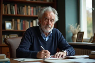 Homme d'âge moyen dans un bureau chaleureux avec livres et photos