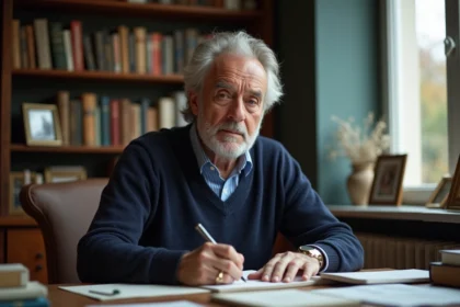 Homme d'âge moyen dans un bureau chaleureux avec livres et photos