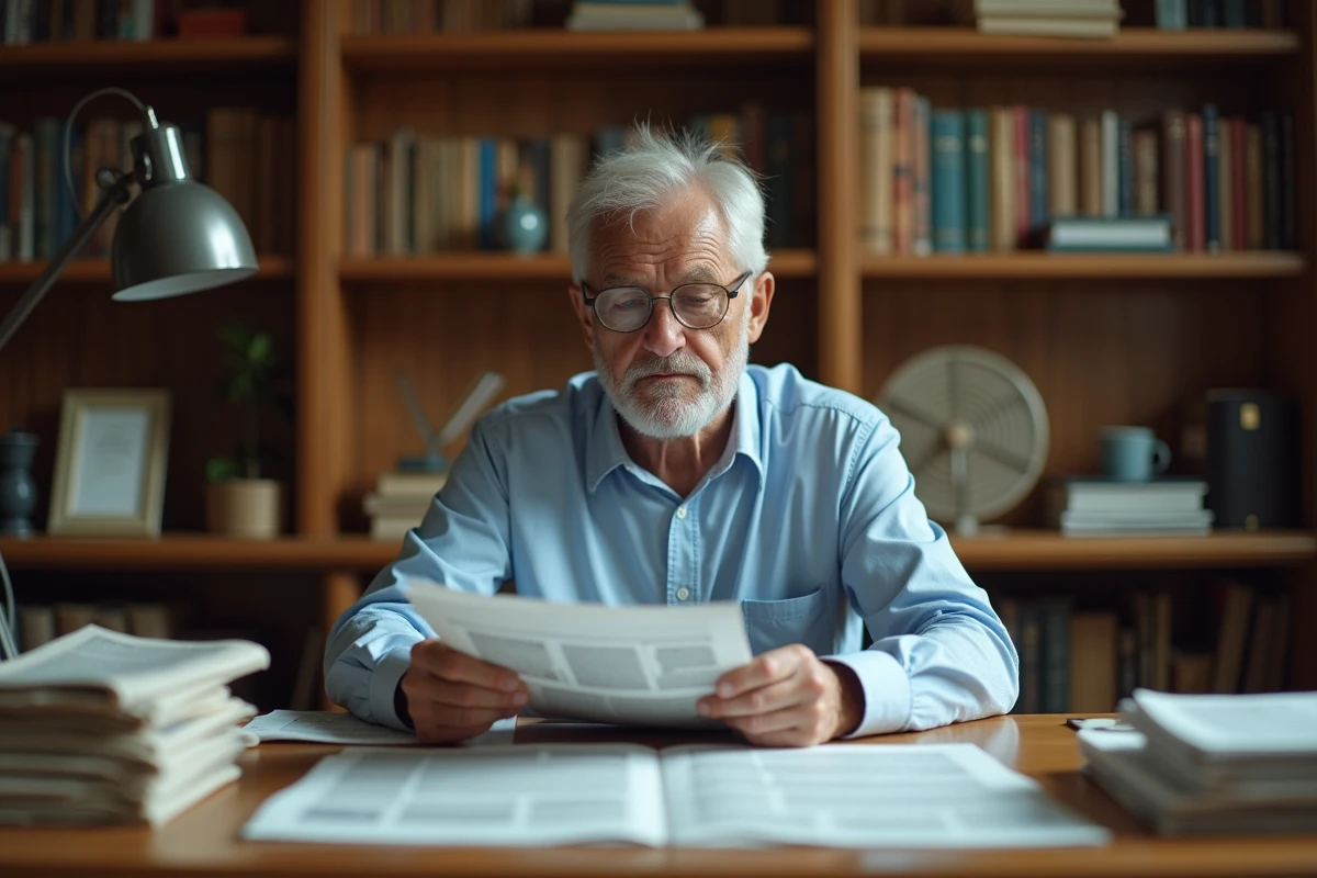 Homme âgé lisant des articles de presse sur Jean Jacques Trogneux dans un bureau rempli de livres