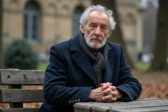 Homme âgé assis seul dans un parc parisien en automne