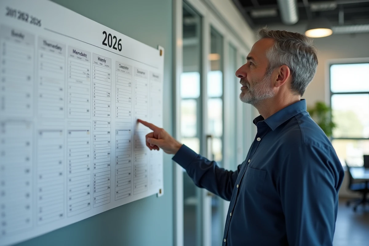 Homme en bureau pointant un planning annuel 2026 avec numéros de semaines paires et impaires