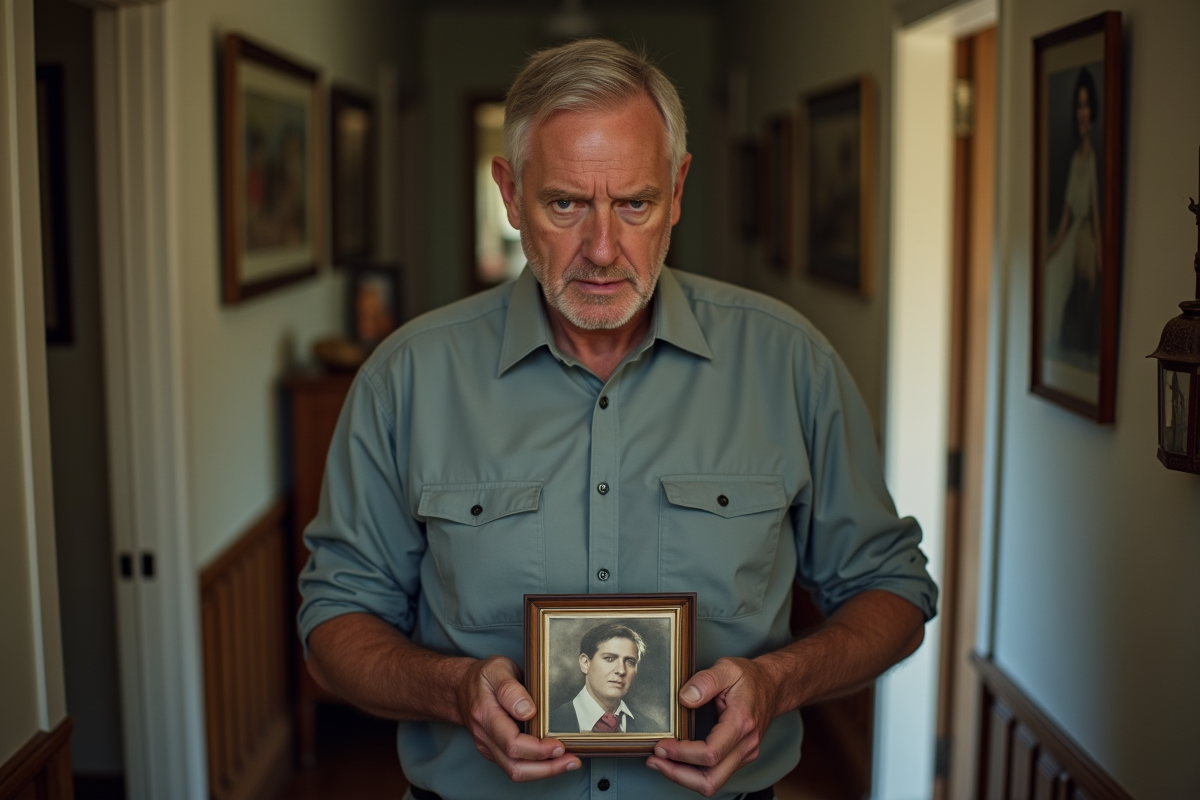 Homme regardant une photo de famille dans un couloir