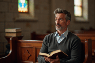 Homme méditant dans une église en bois avec Bible
