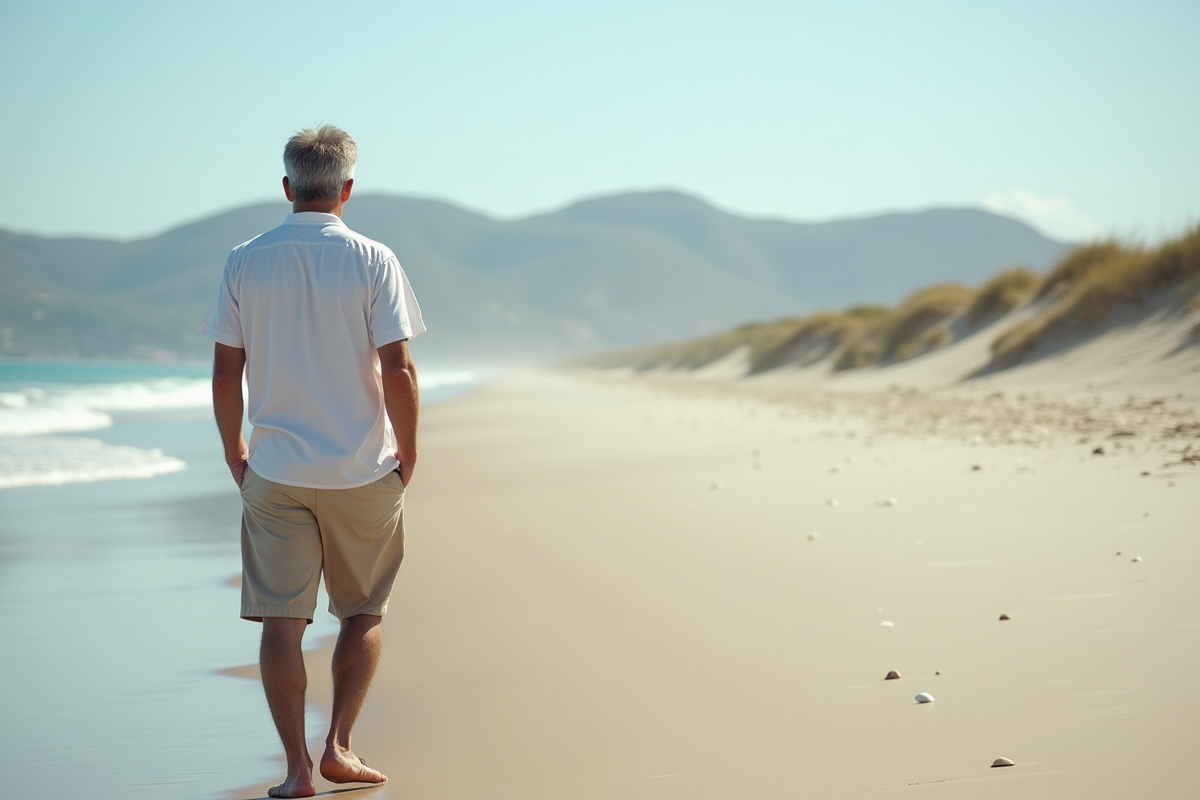 Homme en vacances marchant sur la plage au bord de la mer