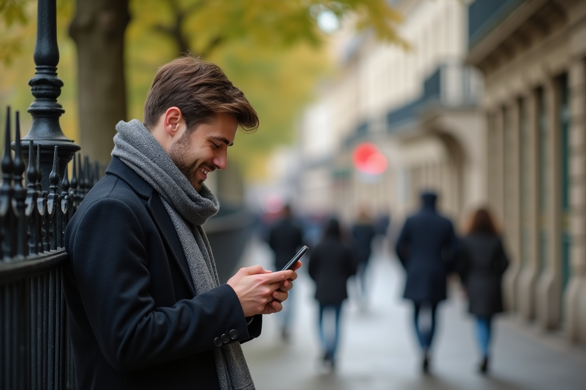 Jeune homme dans la ville regardant son téléphone
