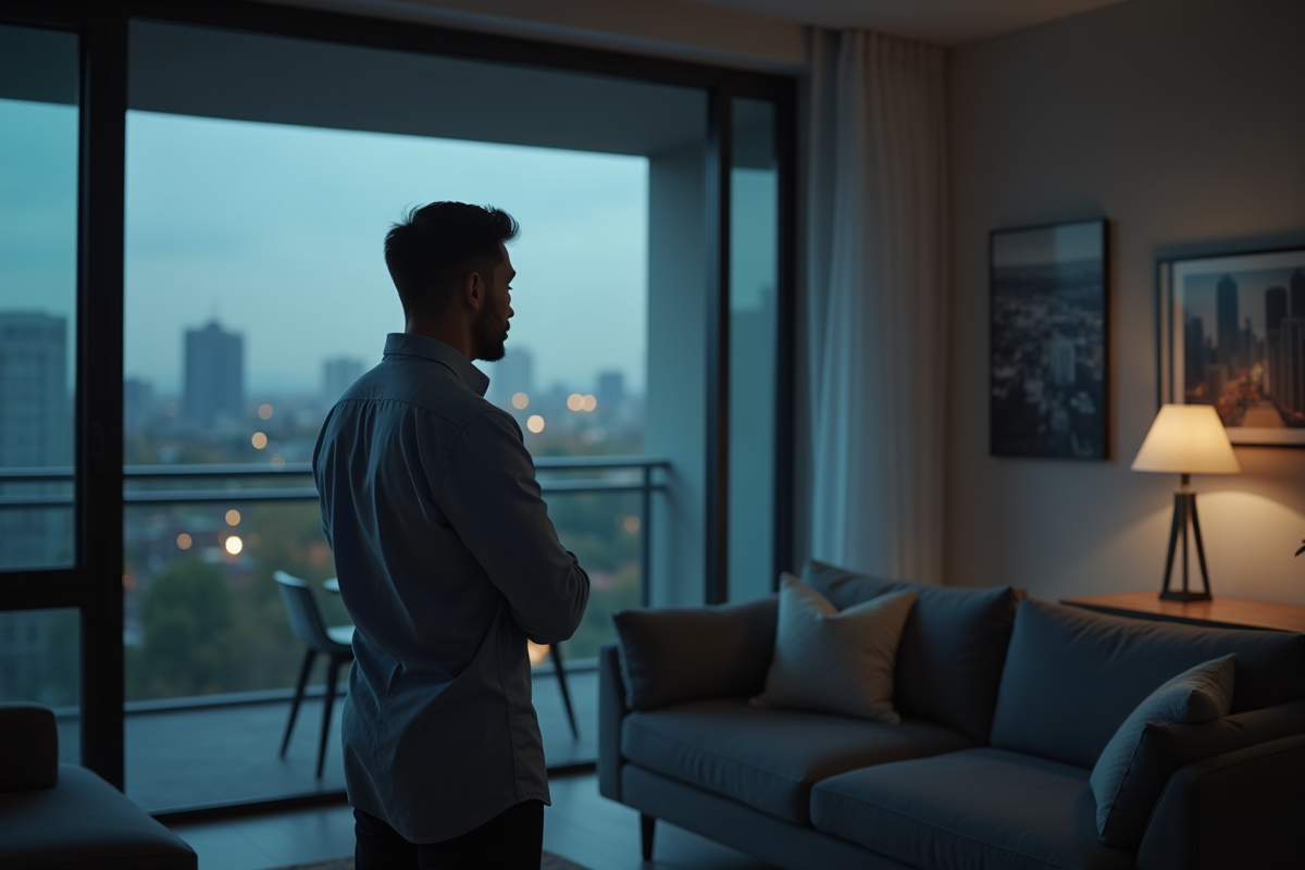 Homme regardant par la grande fenêtre du salon