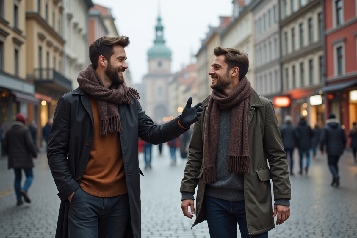 Deux hommes se saluant dans une place urbaine d