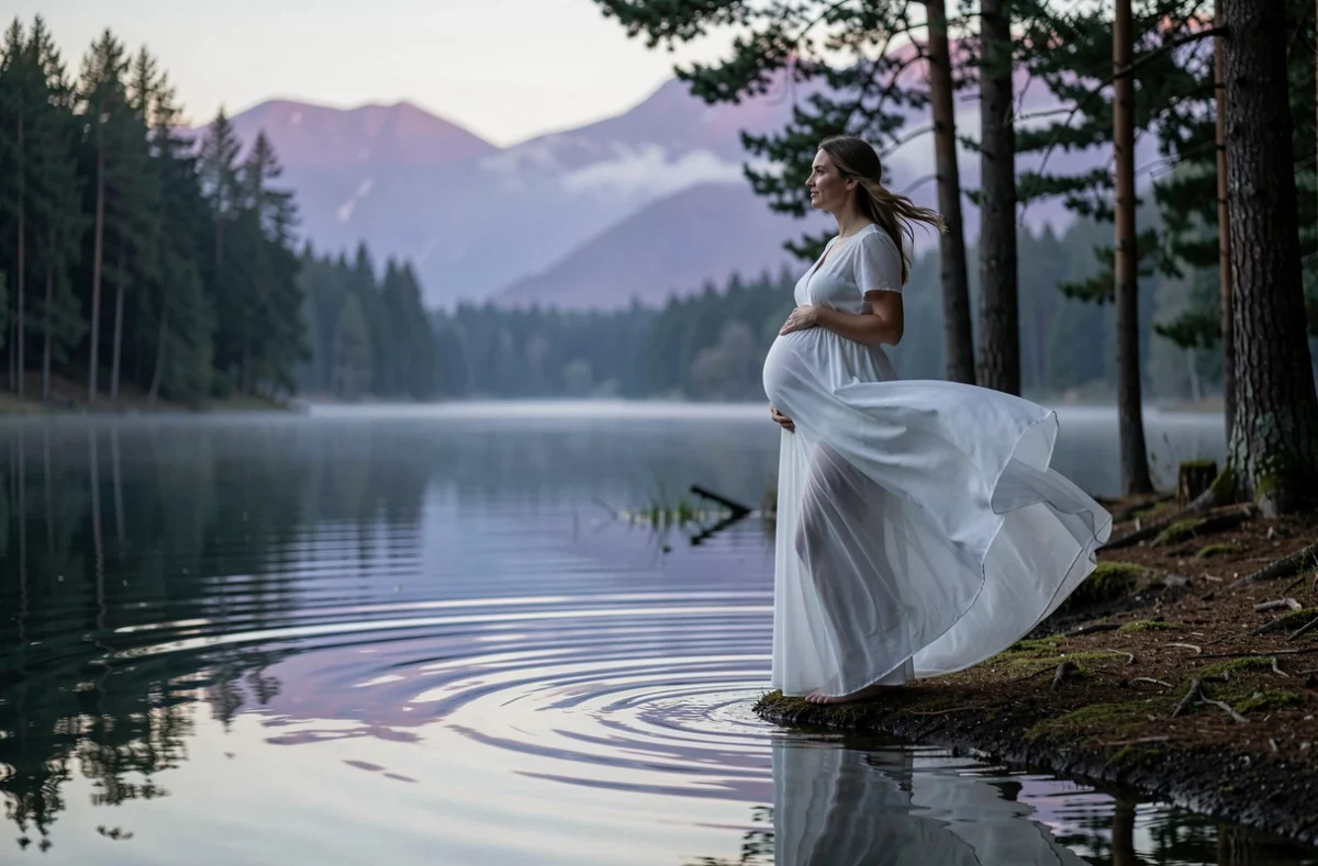 Ilys Films, photographe et vidéaste grossesse, femme enceinte en robe blanche au bord d'un lac vosgien