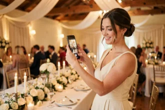 Invitée de mariage prenant des photos avec son smartphone lors d'une réception élégante