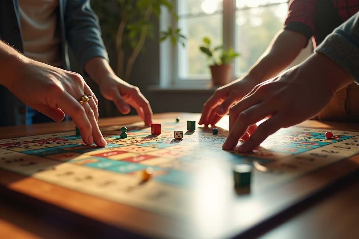 Jeu de l oie classique en cours avec pièces colorées et dés