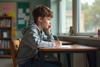 Jeune adolescent pensif assis à son bureau scolaire