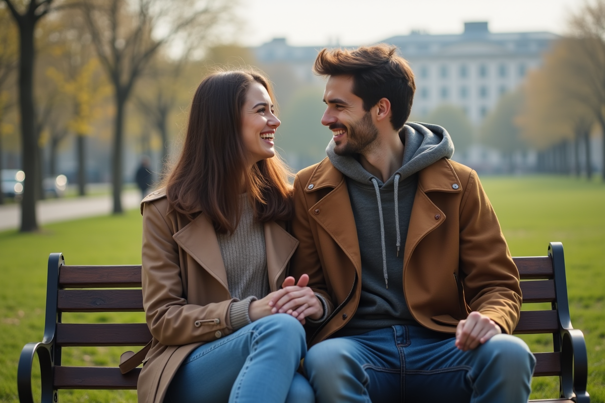 Jeune femme et homme assis sur un banc dans un parc au printemps