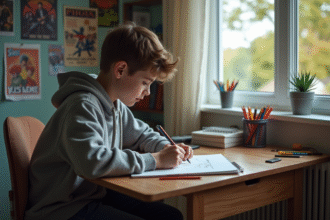 Jeune garçon adolescent concentré à dessiner dans sa chambre