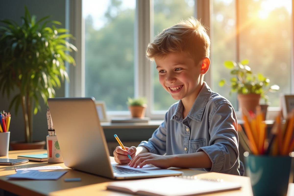 Jeune étudiant souriant étudiant math à un bureau lumineux