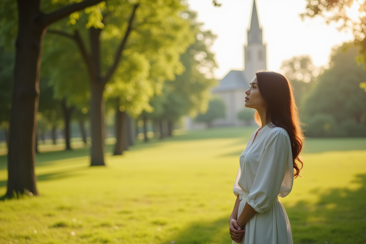 Jeune femme en prière dans un parc ensoleille