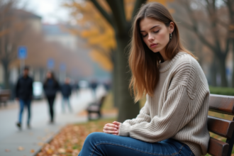 Jeune femme assise sur un banc de parc en automne