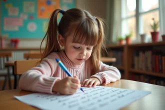 Jeune fille de 7 ans écrit 'Trois petits chats' en cursive