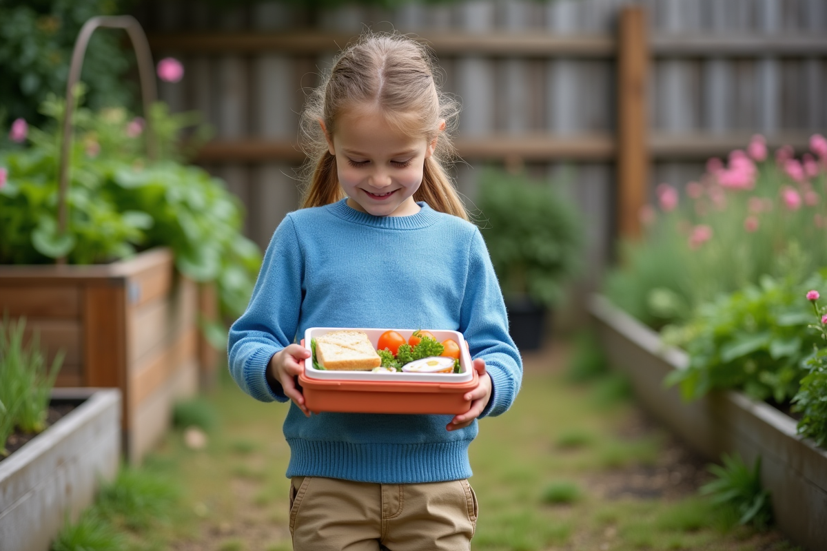 Jeune fille ouvrant une boîte à lunch dans un jardin