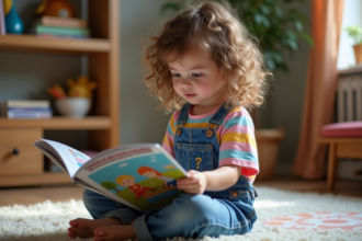 Jeune fille de 8 ans lisant un magazine dans un salon chaleureux