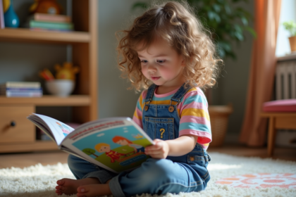 Jeune fille de 8 ans lisant un magazine dans un salon chaleureux