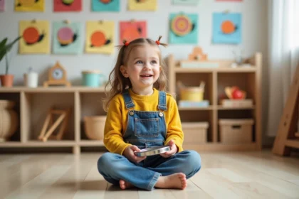 Jeune fille en classe de musique avec tambourin