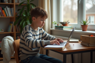Adolescent concentré sur son ordinateur dans une chambre chaleureuse