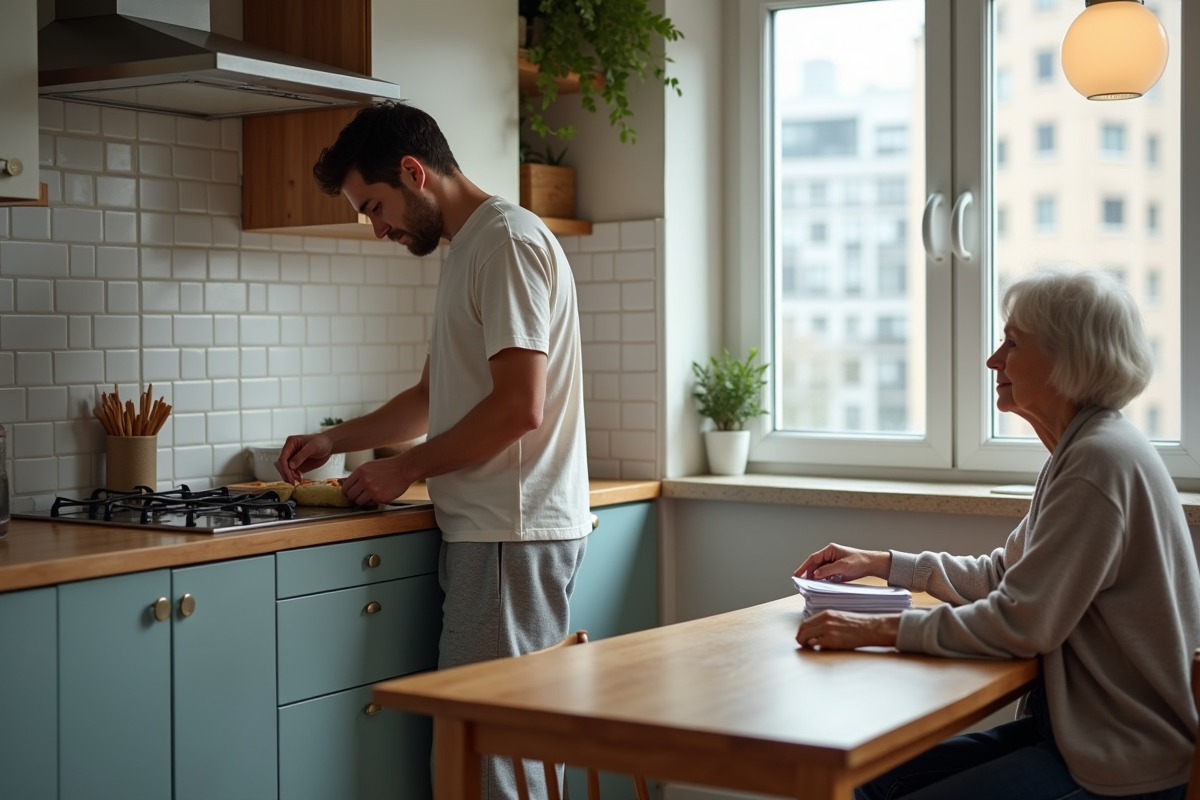 Jeune homme préparant le déjeuner dans la cuisine urbaine