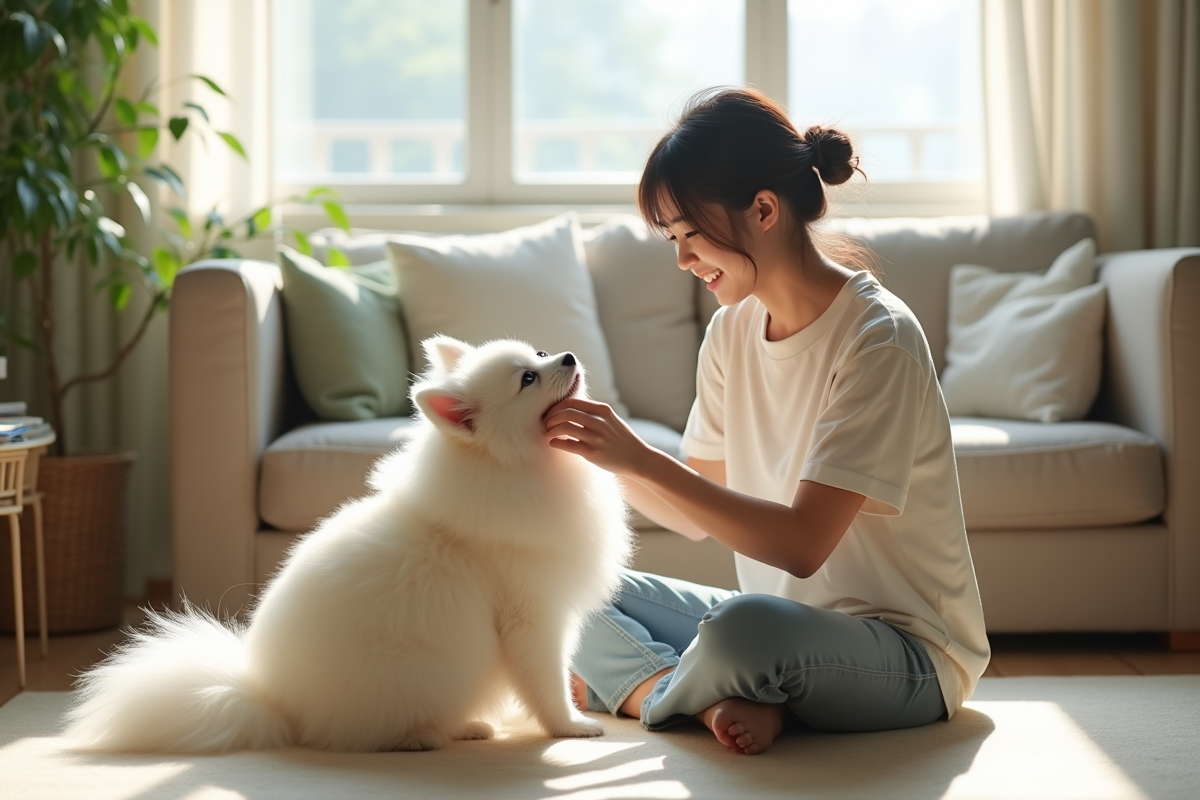 Jeune japonaise brossant un Spitz blanc dans le salon